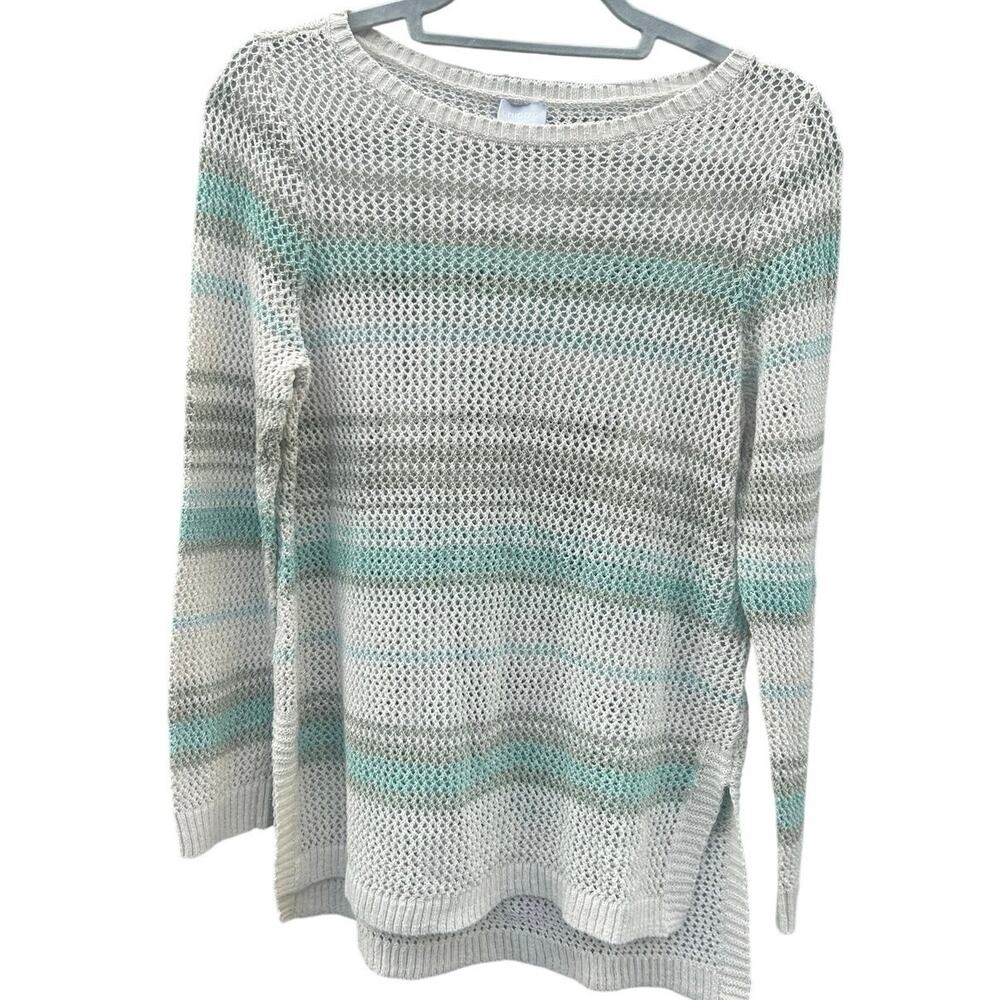 Chicos Open Knit Sweater Womens Size 1 Medium Striped Lightweight Pullover